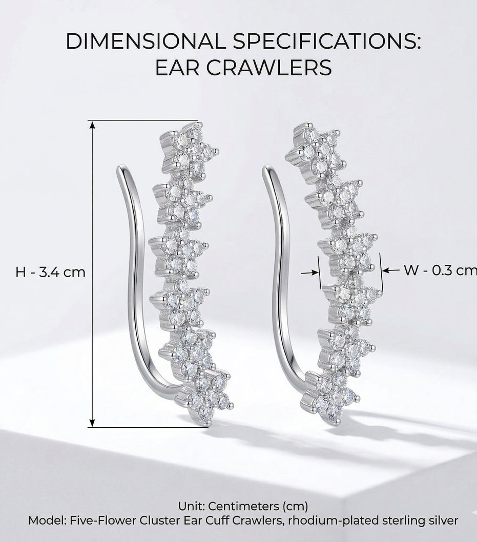 Rhodium Plated Floral Cluster Crystal Ear Cuffs