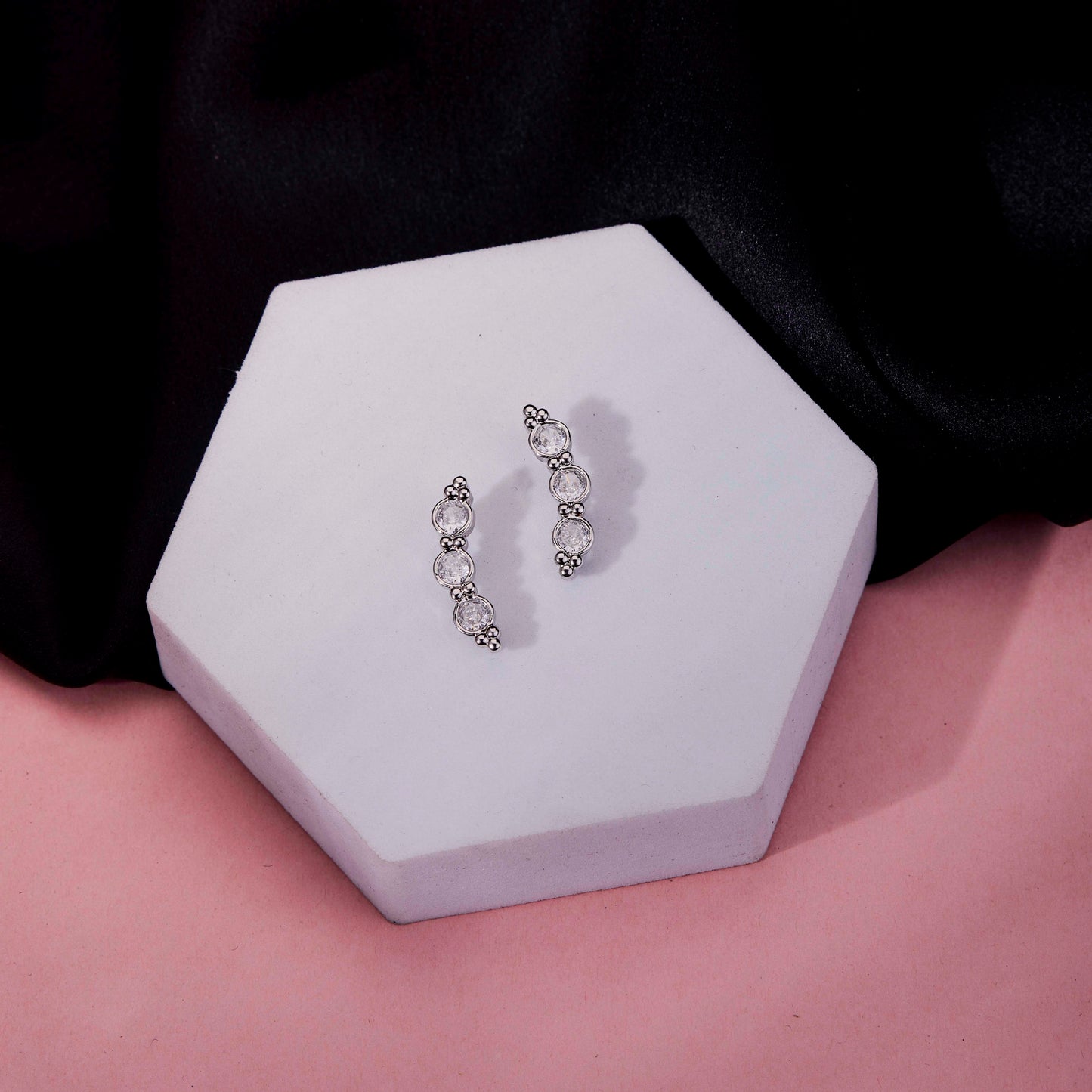 Rhodium Plated Linear Crystal Ear Cuffs