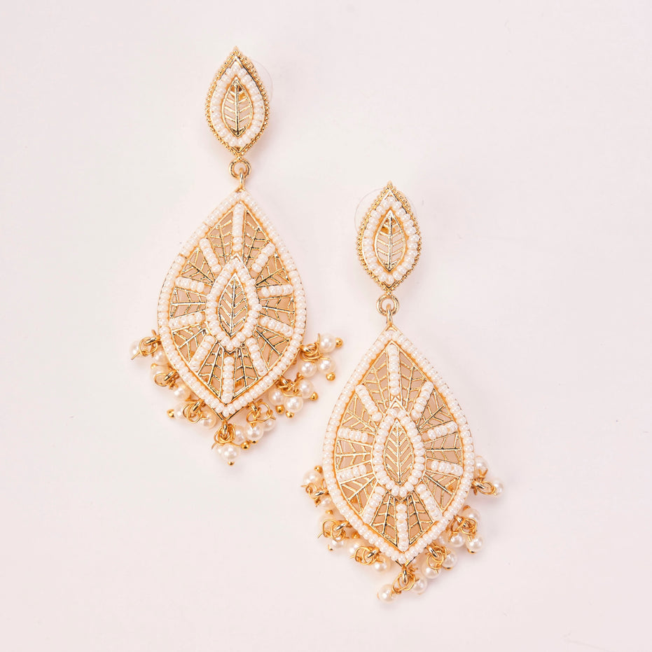 Elegant White Beaded Chandelier Gold Plated Earrings