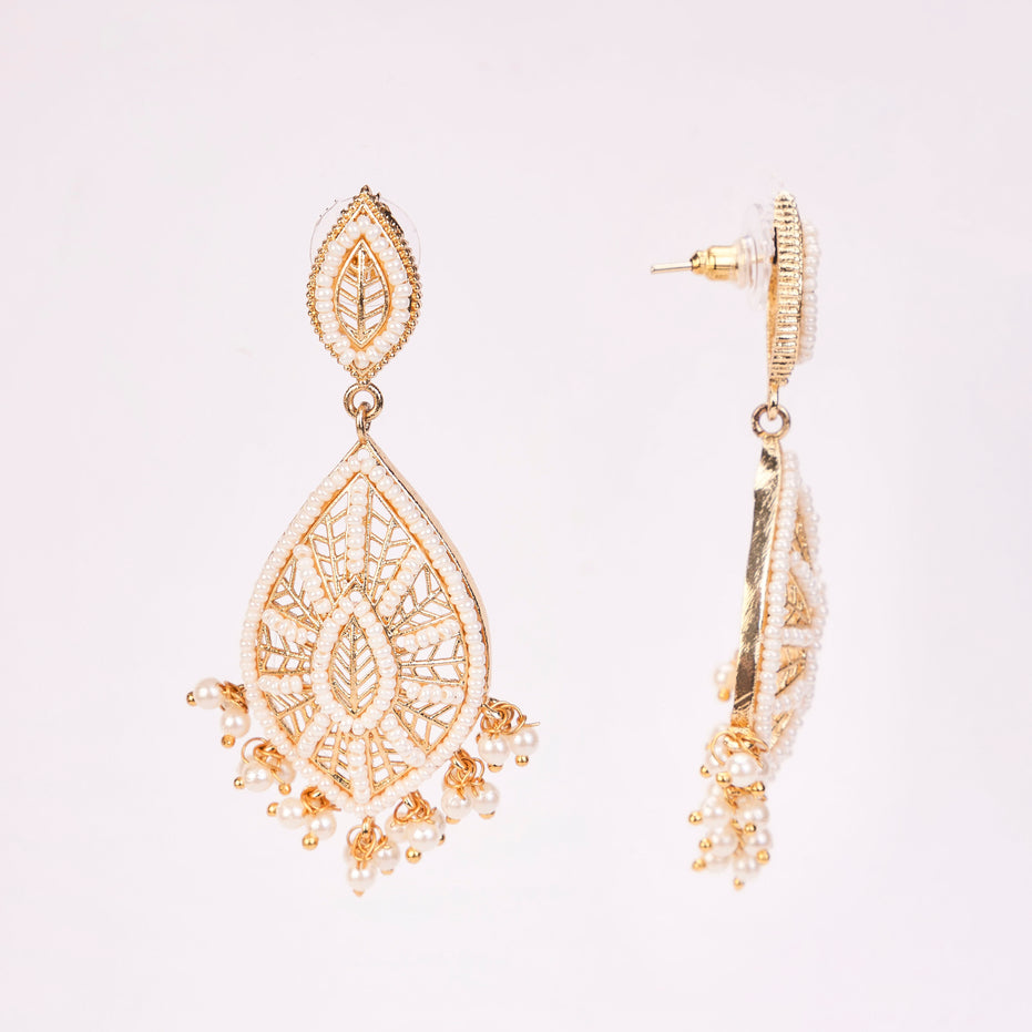 Elegant White Beaded Chandelier Gold Plated Earrings