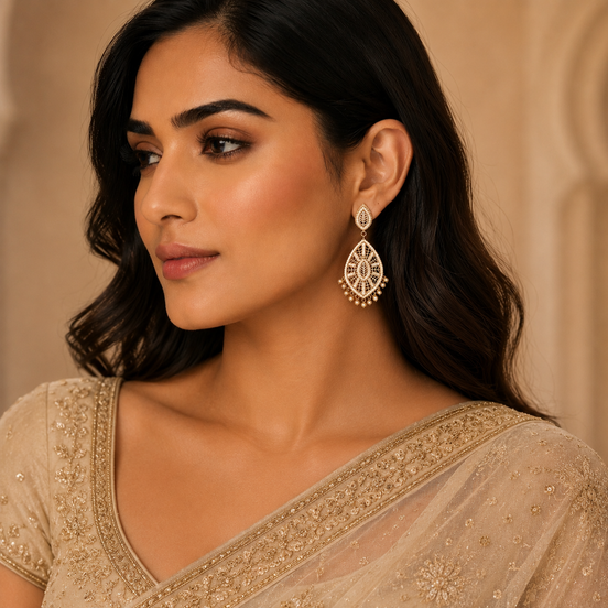 Elegant White Beaded Chandelier Gold Plated Earrings