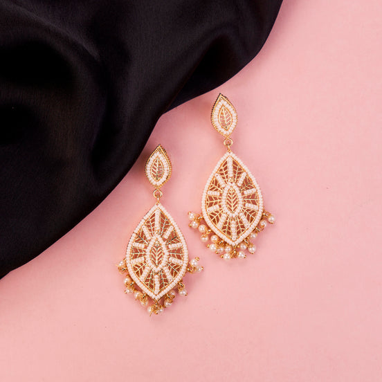 Elegant White Beaded Chandelier Gold Plated Earrings