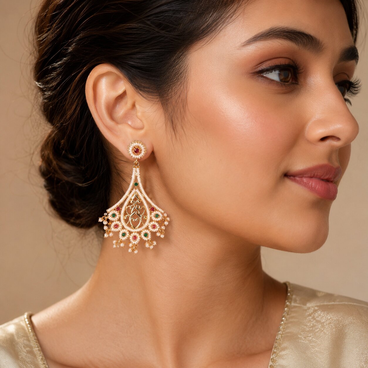 Chandbali Beaded Gold Plated Earrings