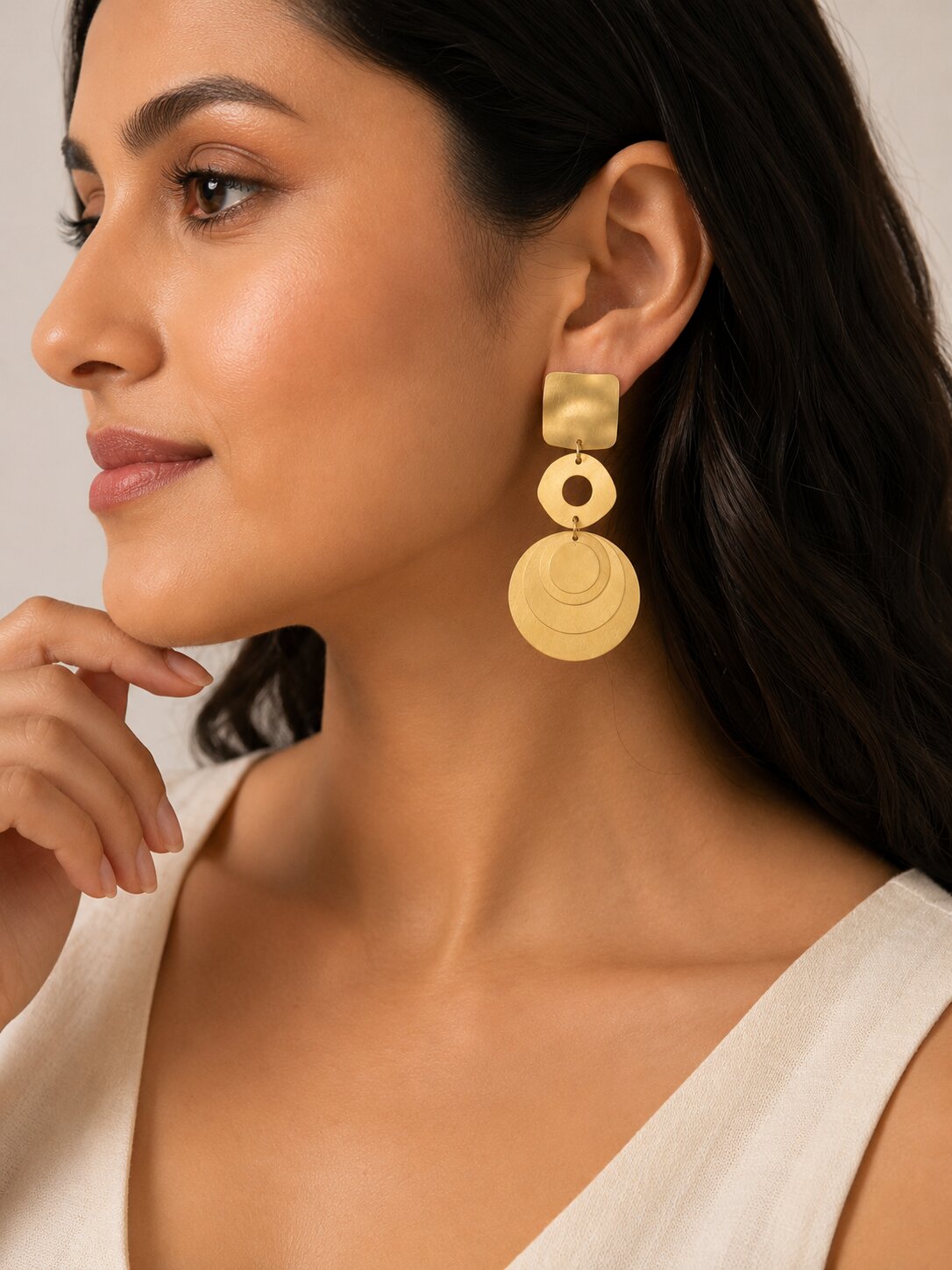 Brushed Finish Geometric Disc Drop Earrings