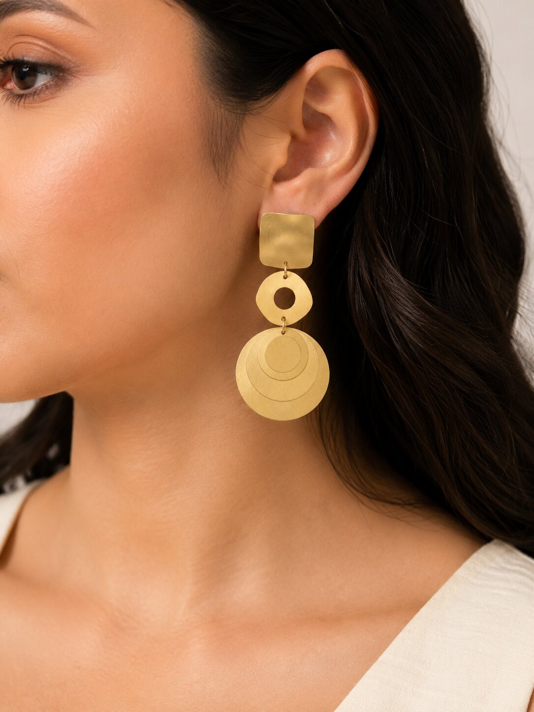 Brushed Finish Geometric Disc Drop Earrings