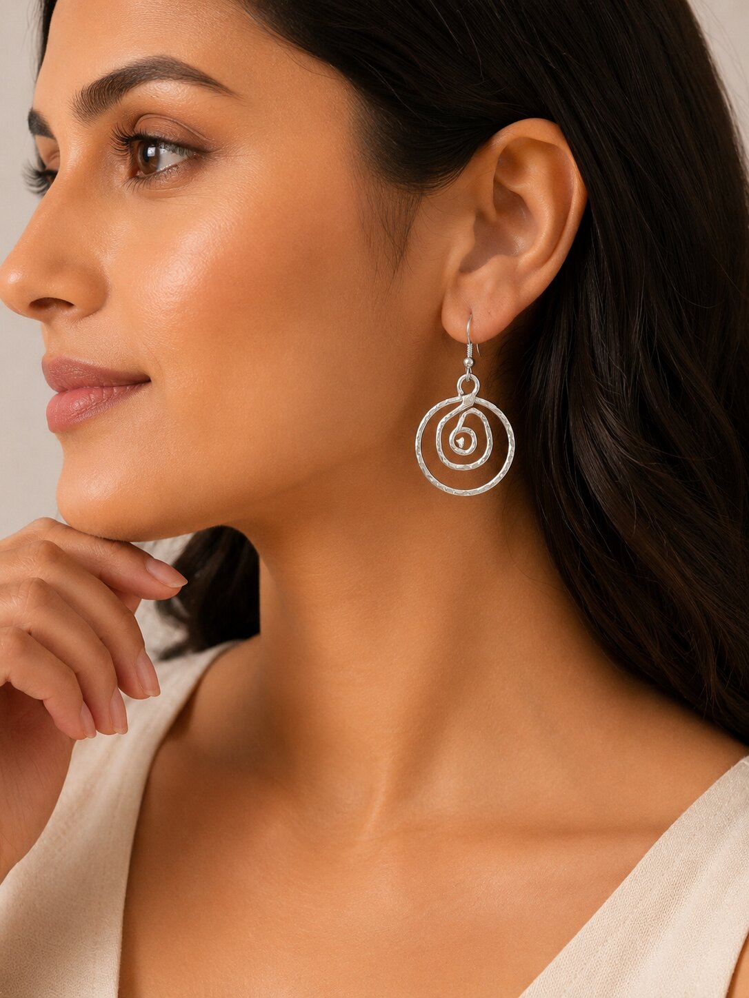 Rhodium Plated Spiral Drop Earrings with Textured Swirl Pattern