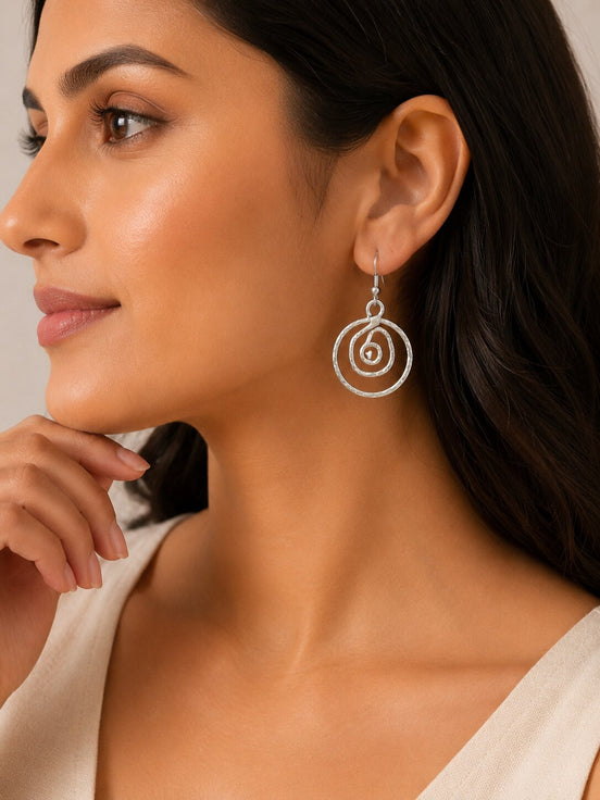 Rhodium Plated Spiral Drop Earrings with Textured Swirl Pattern