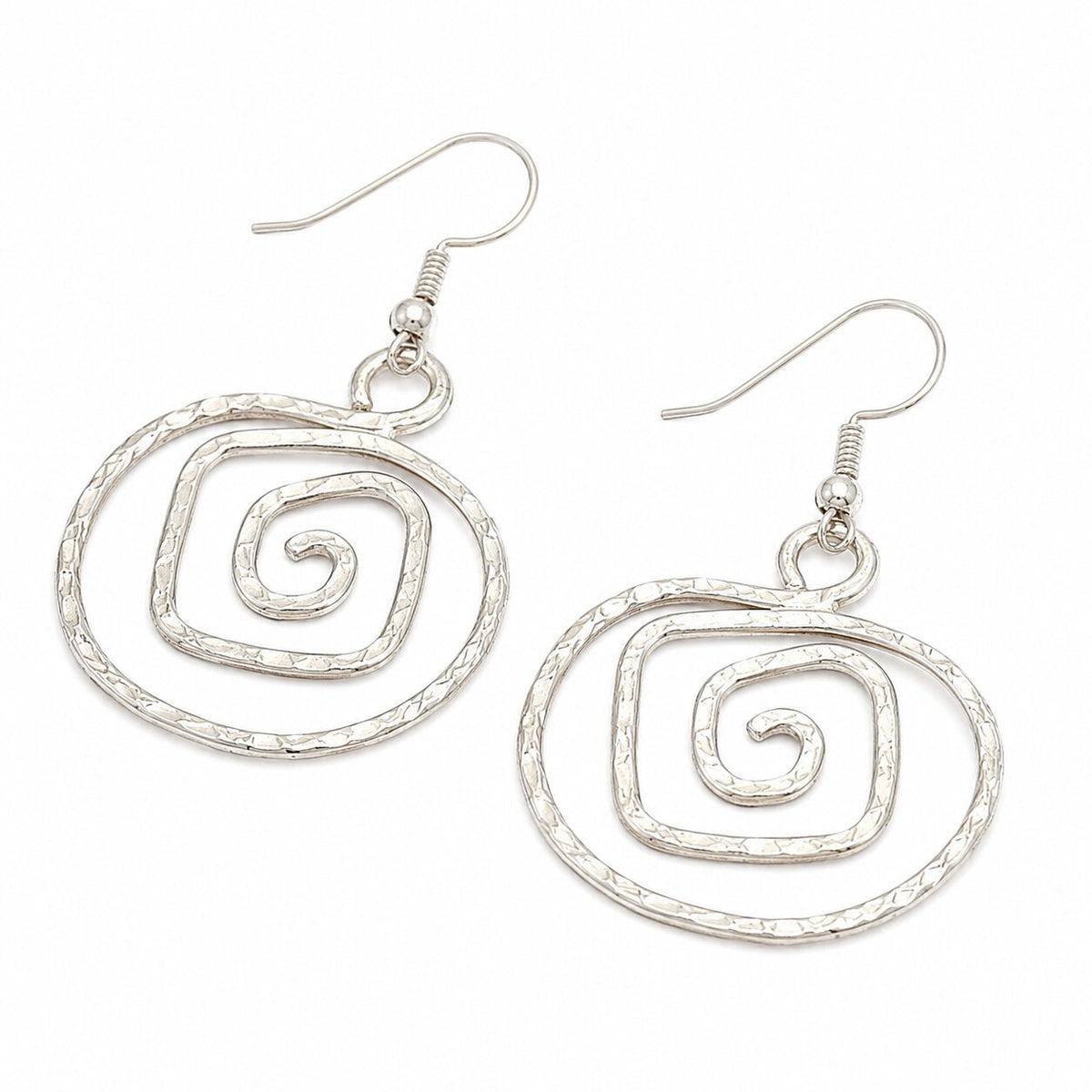 Rhodium Plated Spiral Drop Earrings with Textured Swirl Pattern
