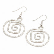 Rhodium Plated Spiral Drop Earrings with Textured Swirl Pattern