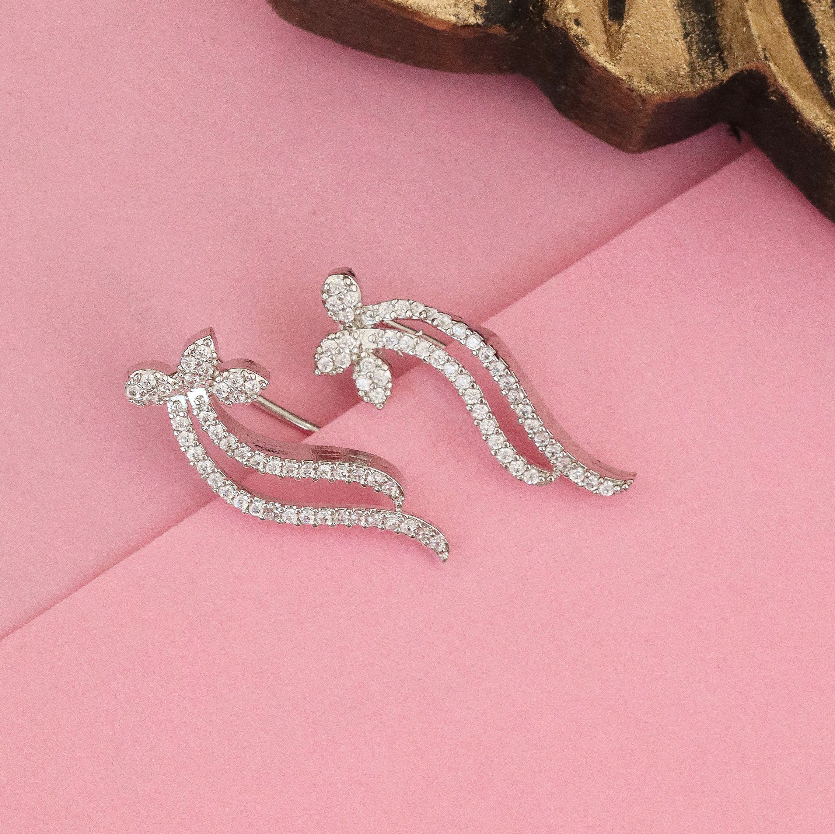 Rhodium Plated Graceful Floral Curve Ear Cuffs
