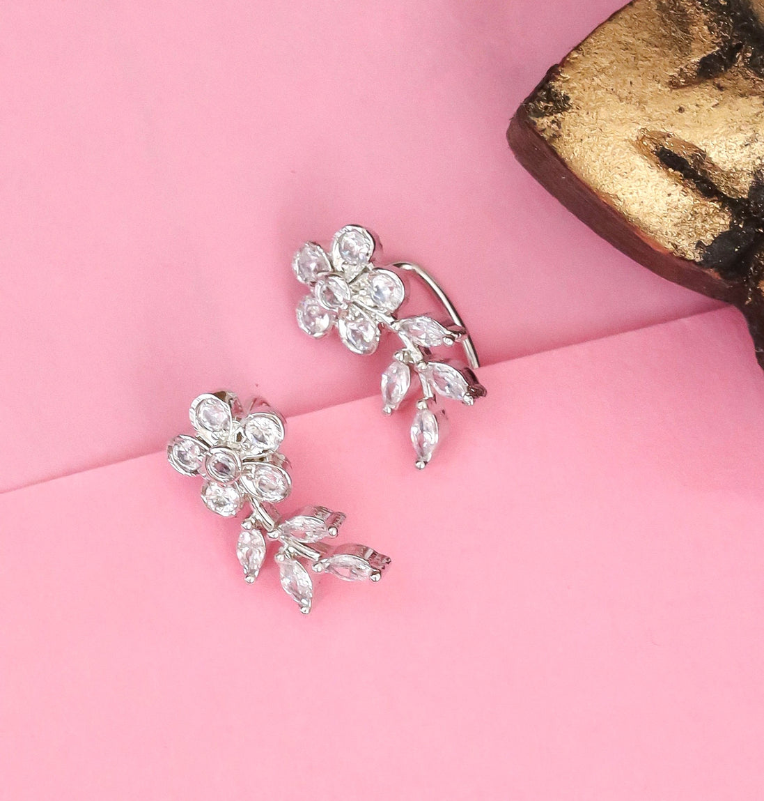Rhodium Plated Floral Leaf Ear Cuffs