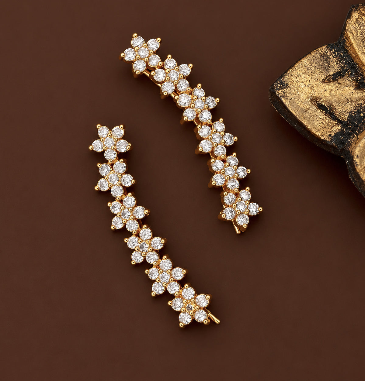 Gold Plated Floral Cluster Crystal Ear Cuffs