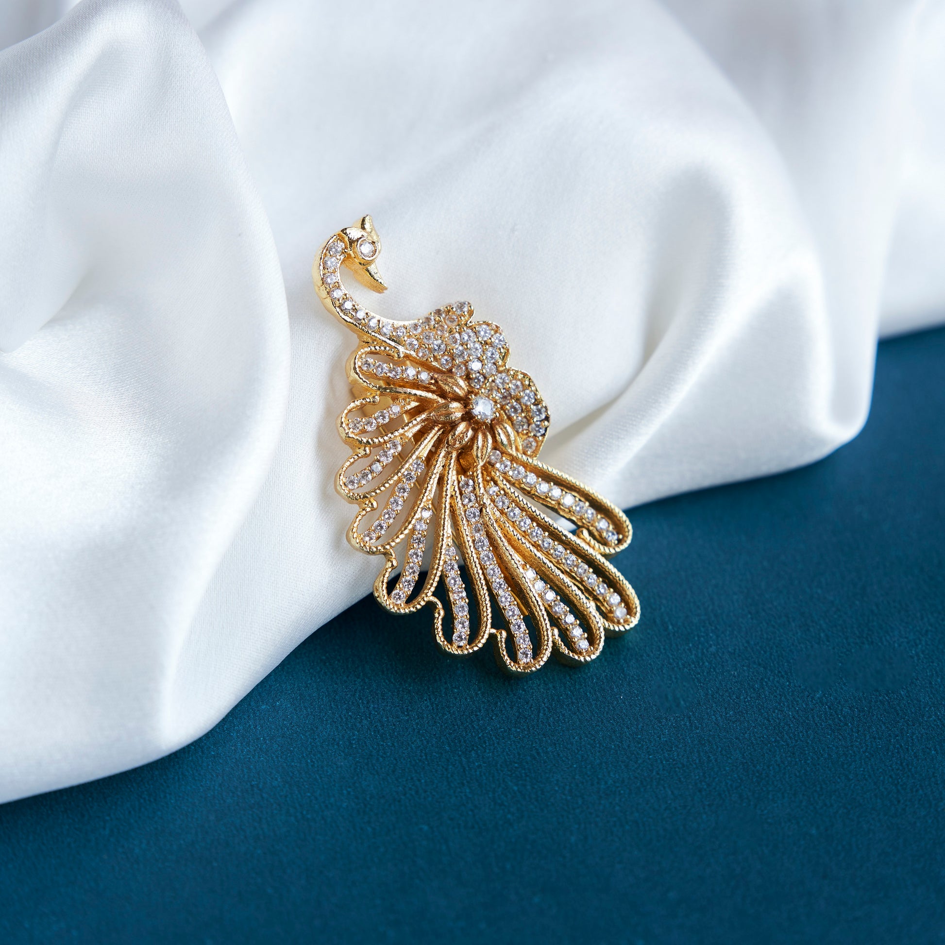 Golden Sparkle Peacock Saree Pin - Opal Touch