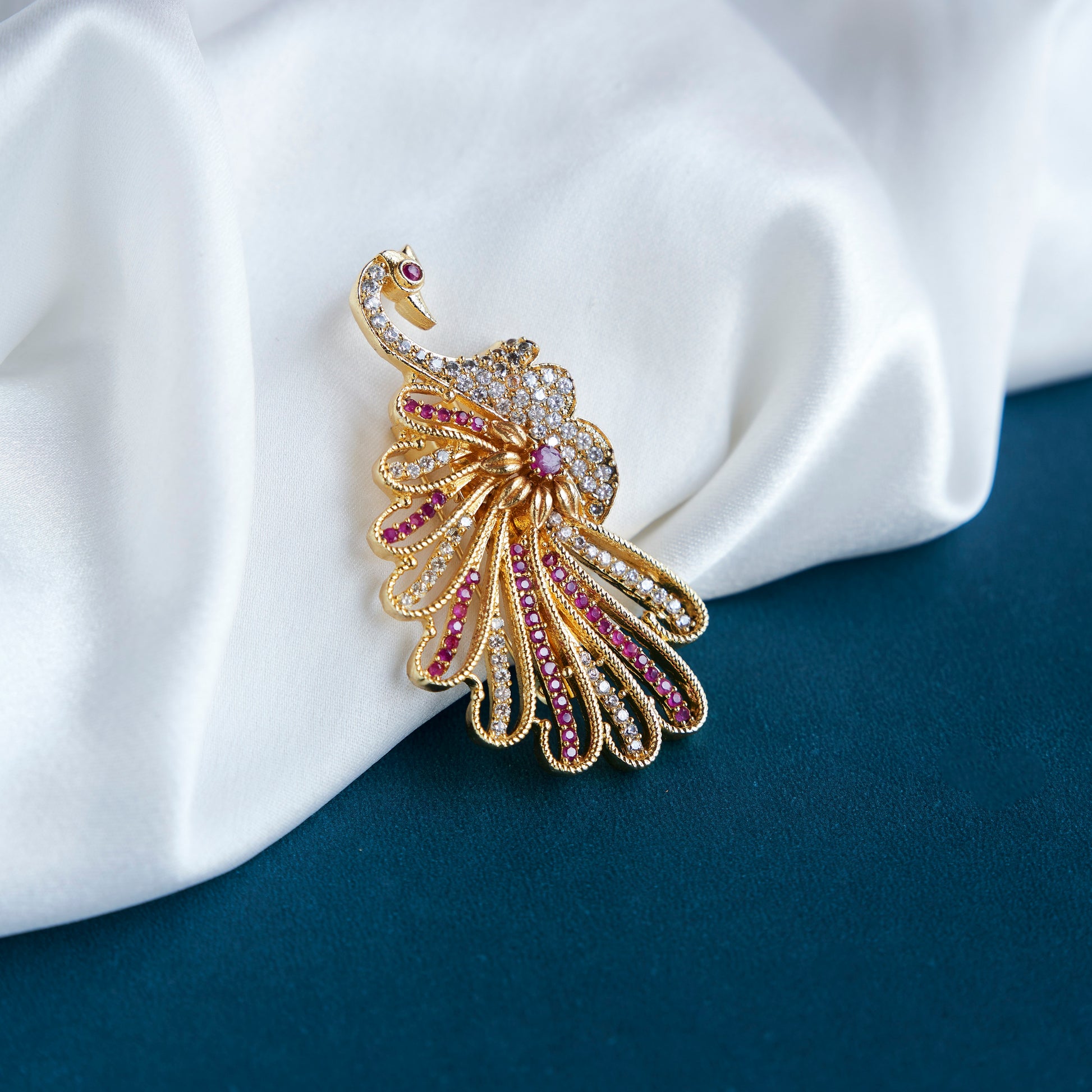 Golden Sparkle Peacock Saree Pin - Opal Touch