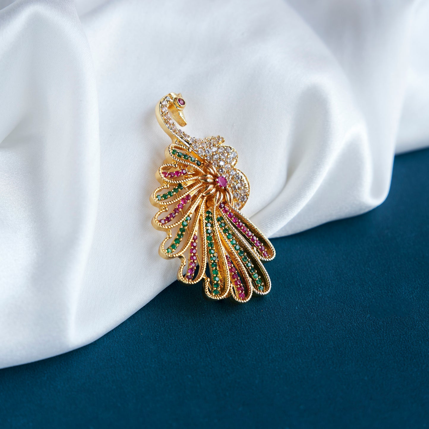 Golden Sparkle Peacock Saree Pin - Opal Touch