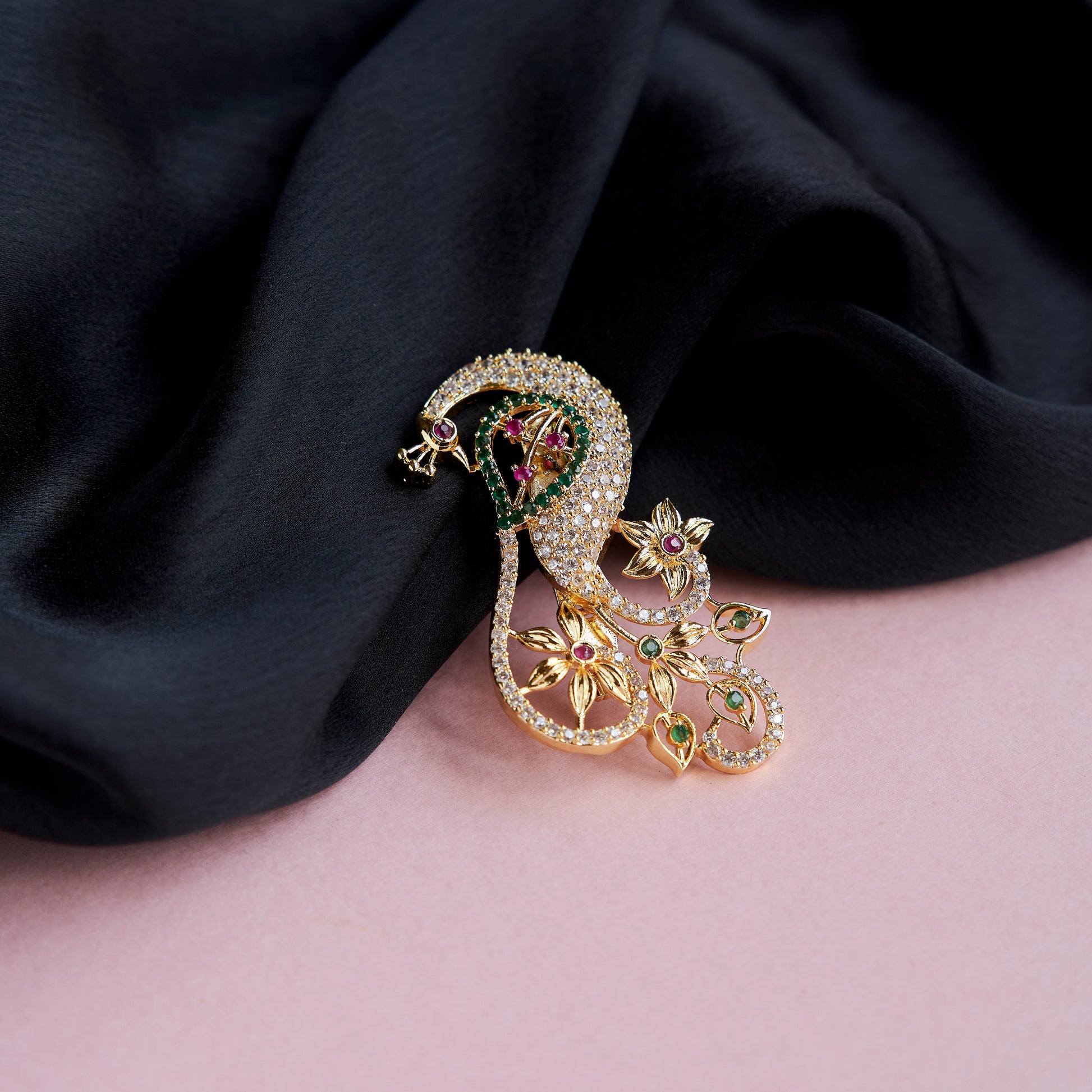 Floral Gold-plated Brass Saree Pin - Opal Touch