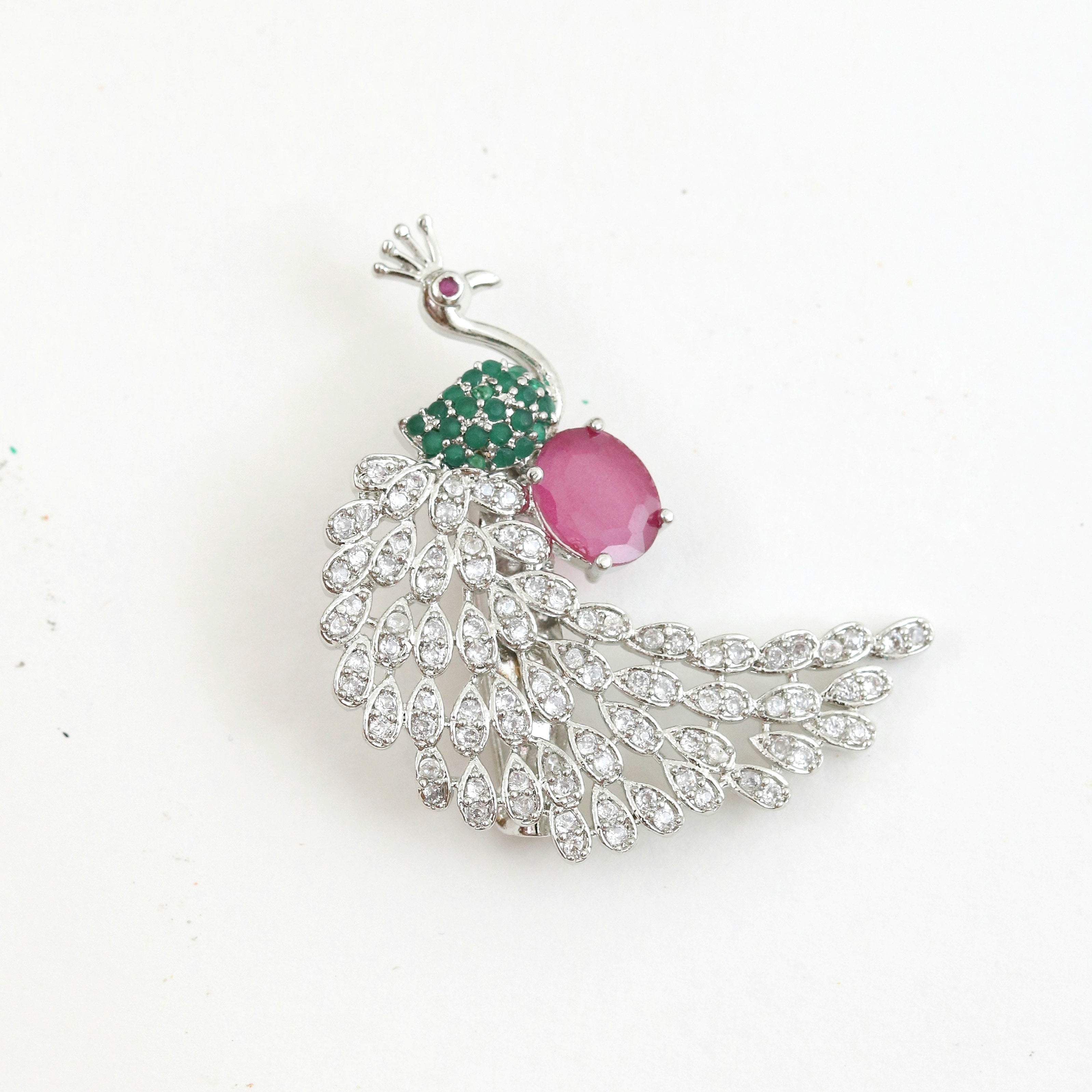 Rhodium Plated AD Multi-Stone Peacock Saree Pin