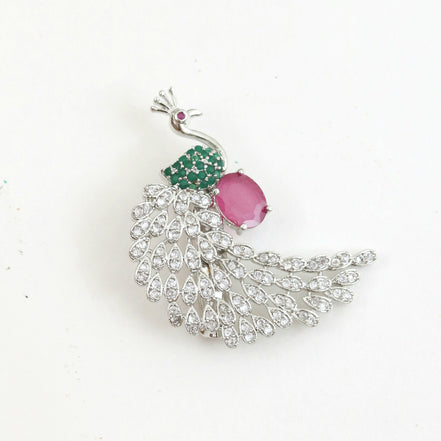 Rhodium Plated AD Multi-Stone Peacock Saree Pin