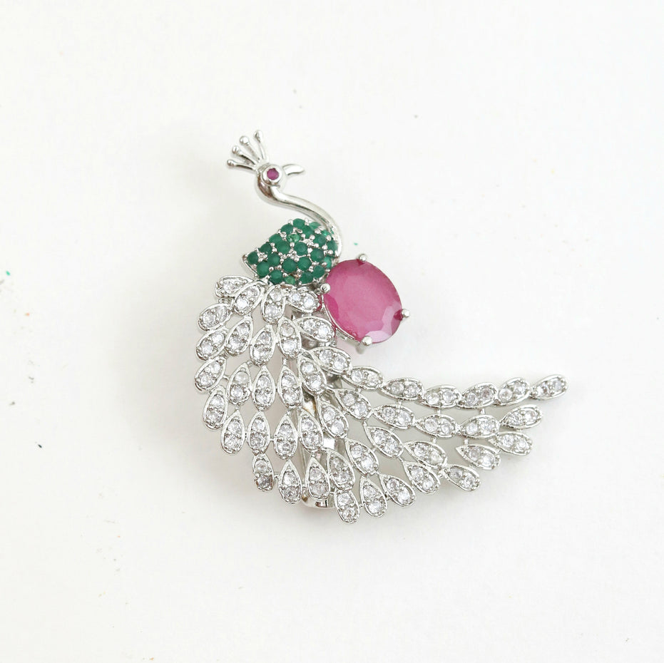 Rhodium Plated AD Multi-Stone Peacock Saree Pin