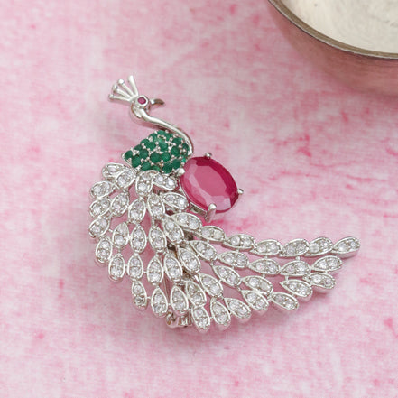 Rhodium Plated AD Multi-Stone Peacock Saree Pin