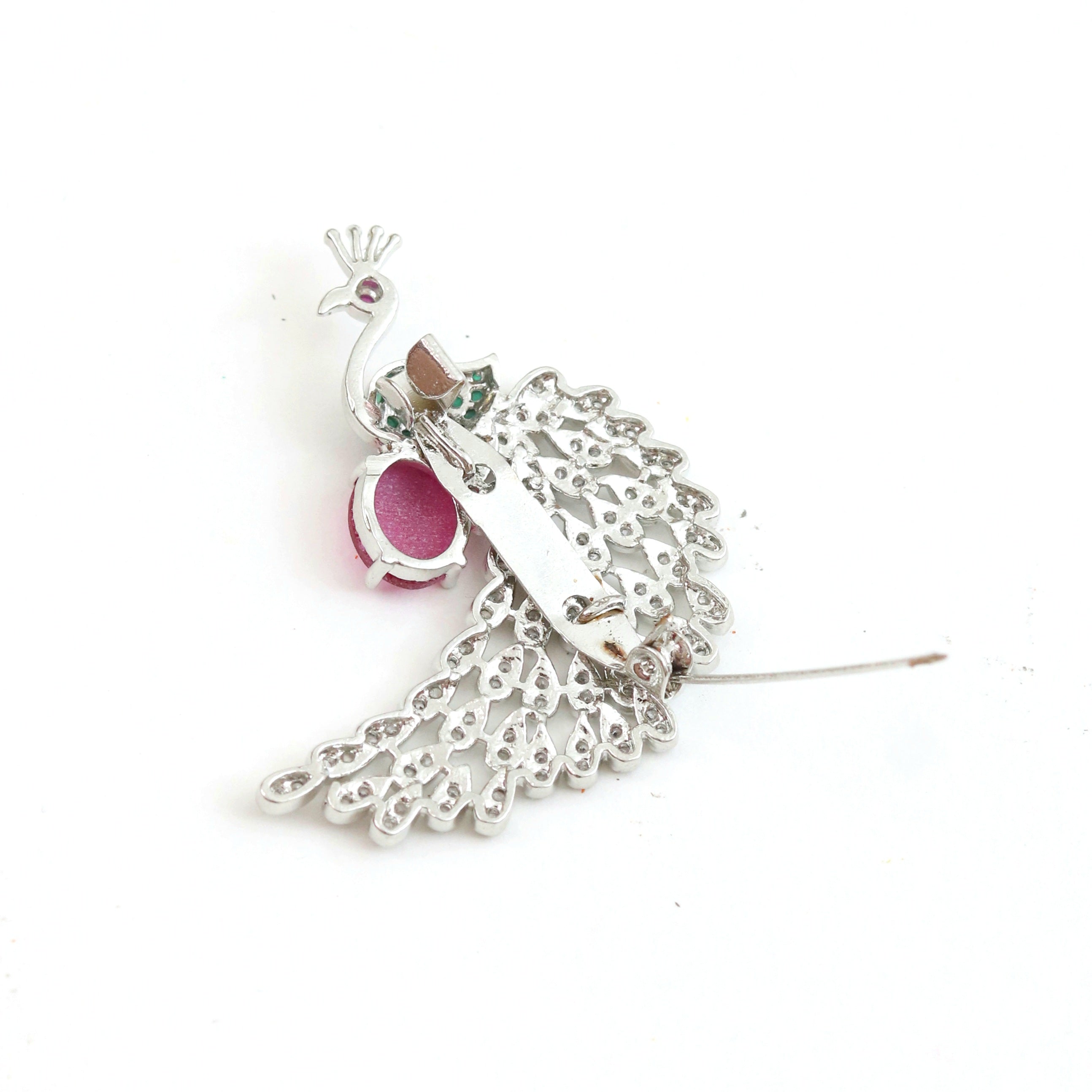 Rhodium Plated AD Multi-Stone Peacock Saree Pin