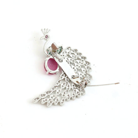 Rhodium Plated AD Multi-Stone Peacock Saree Pin