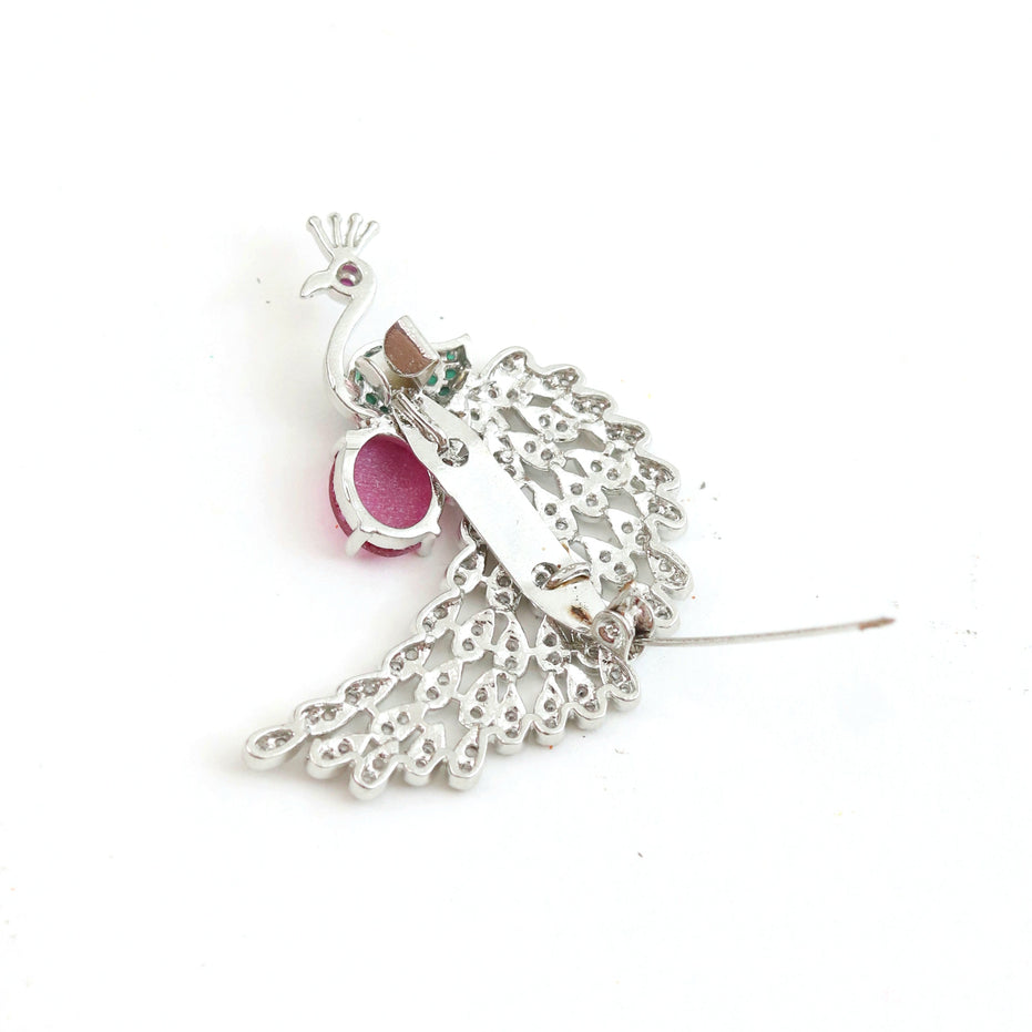 Rhodium Plated AD Multi-Stone Peacock Saree Pin