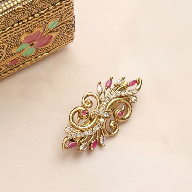 Antique Mehendi Plated AD Peacock Saree Pin