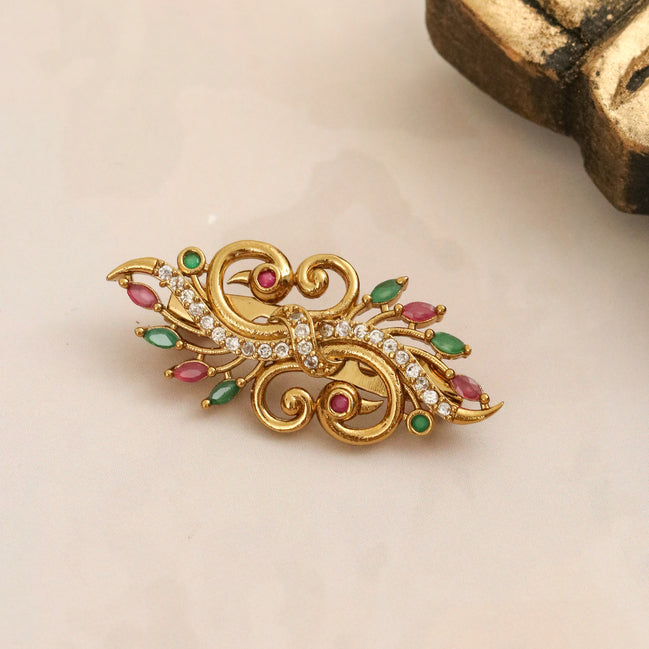 Antique Mehendi Plated AD Peacock Saree Pin