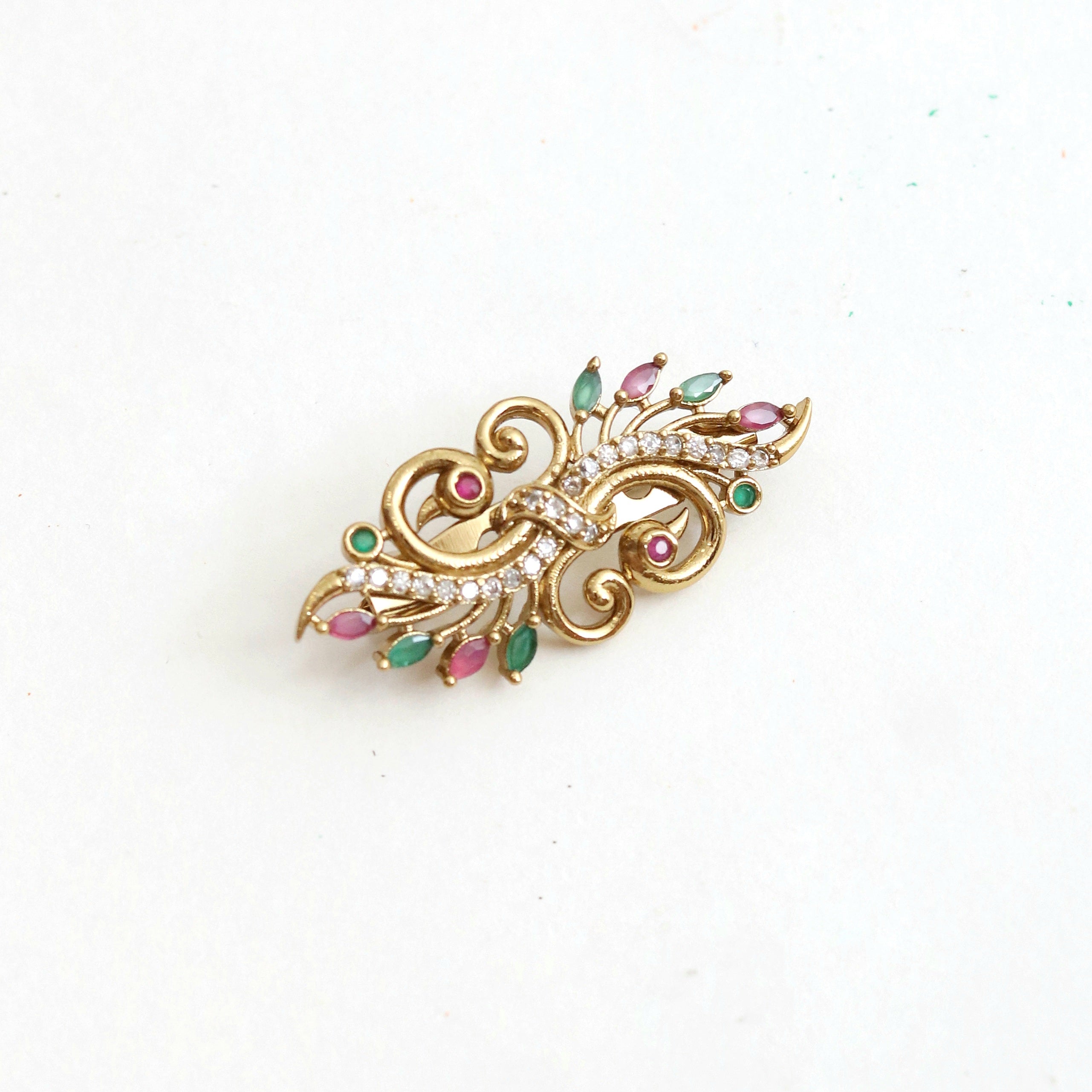 Antique Mehendi Plated AD Peacock Saree Pin