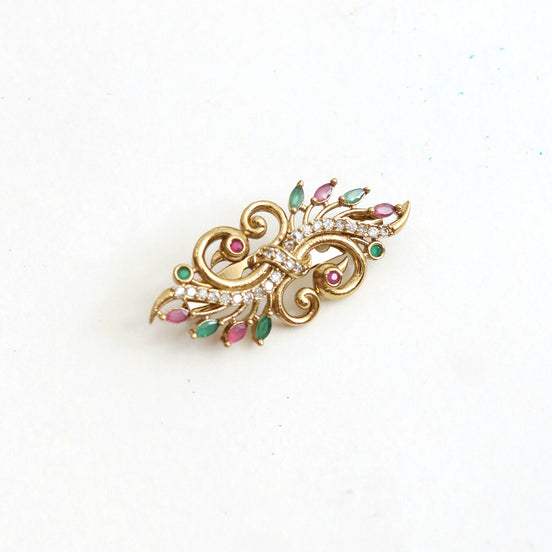 Antique Mehendi Plated AD Peacock Saree Pin