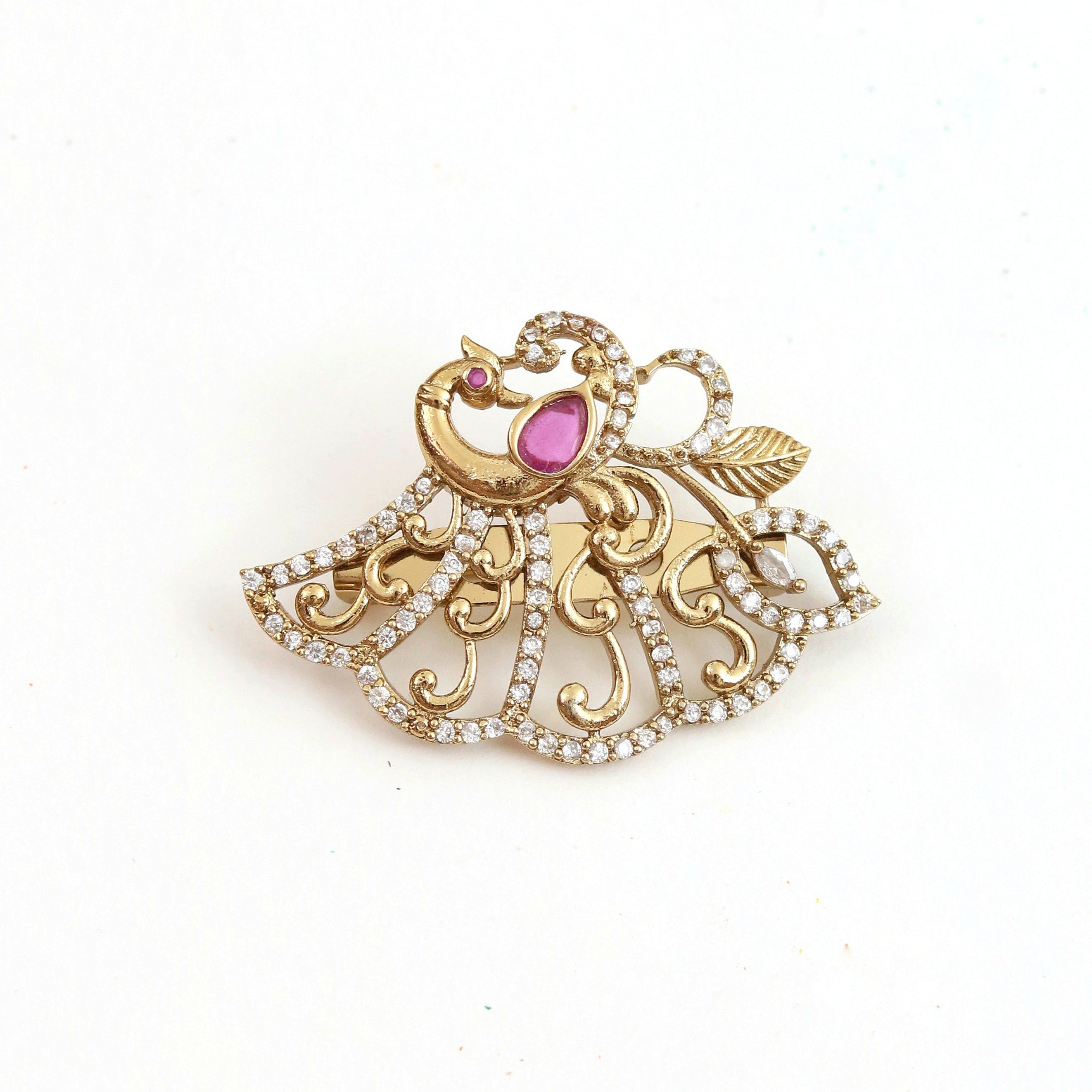 Elegant Antique Gold Plated Peacock Saree Pin