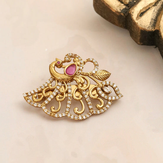 Elegant Antique Gold Plated Peacock Saree Pin