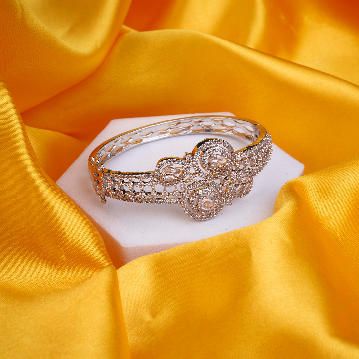 Luxury Rhodium Plated AD Floral Cuff Bracelet