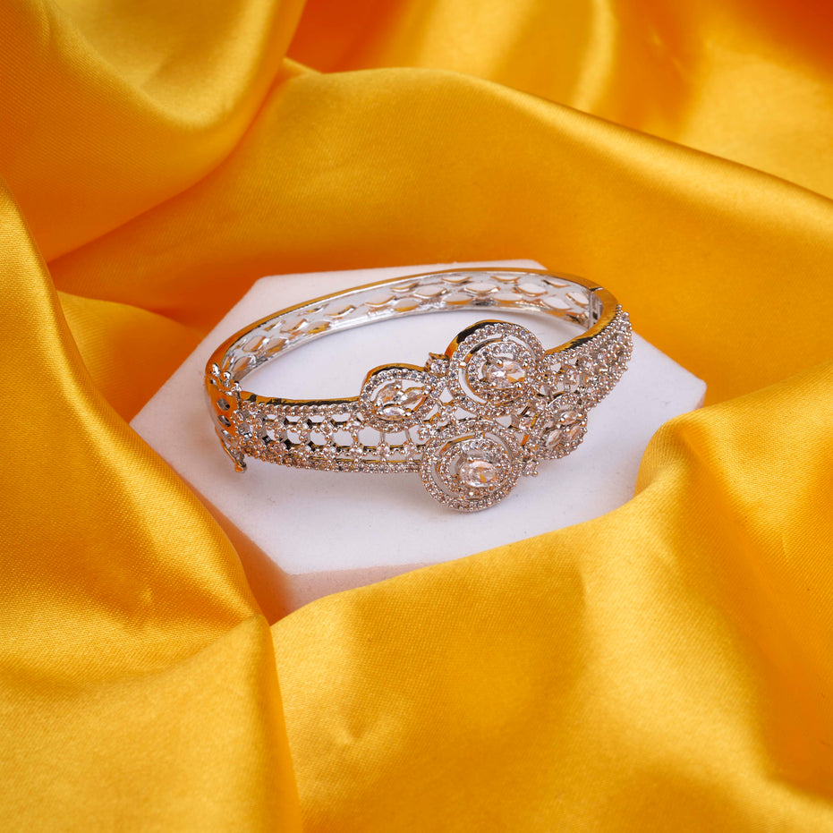 Luxury Rhodium Plated AD Floral Cuff Bracelet