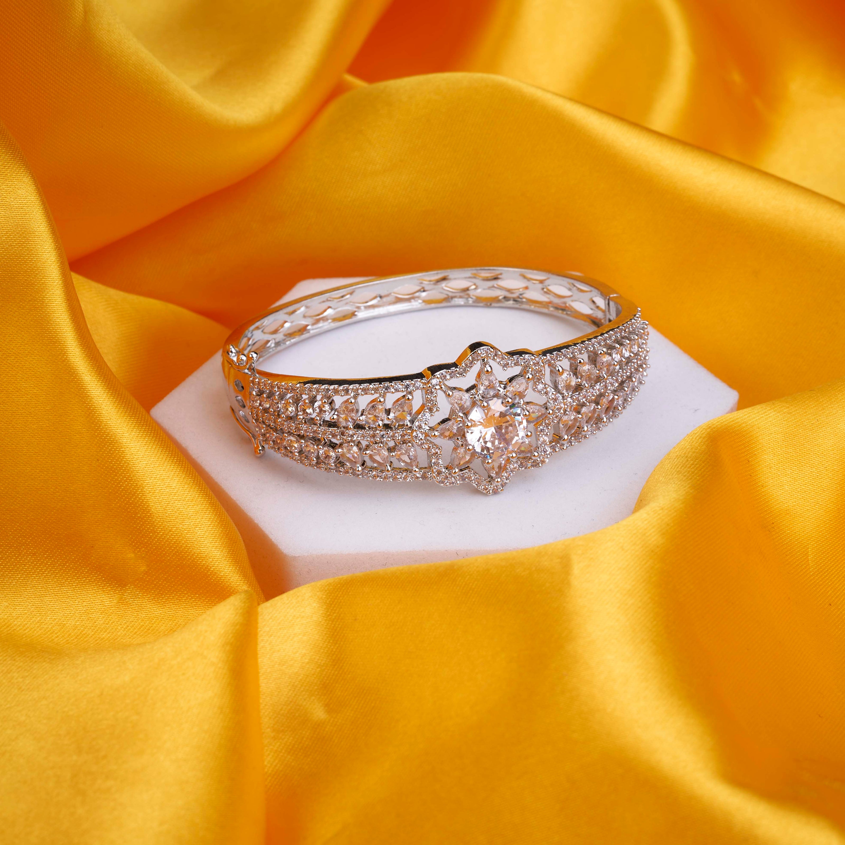 Sparkling Star Floral Cuff Rhodium Plated AD Bracelet