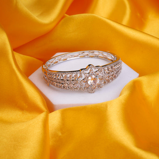 Sparkling Star Floral Cuff Rhodium Plated AD Bracelet