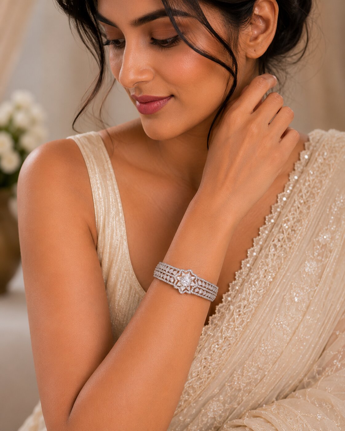 Sparkling Star Floral Cuff Rhodium Plated AD Bracelet
