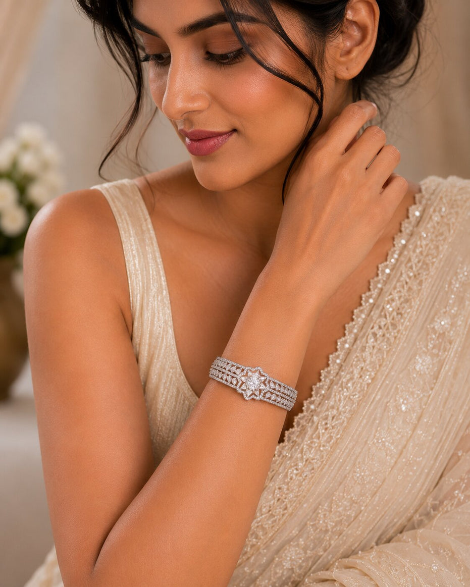 Sparkling Star Floral Cuff Rhodium Plated AD Bracelet