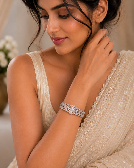 Sparkling Star Floral Cuff Rhodium Plated AD Bracelet