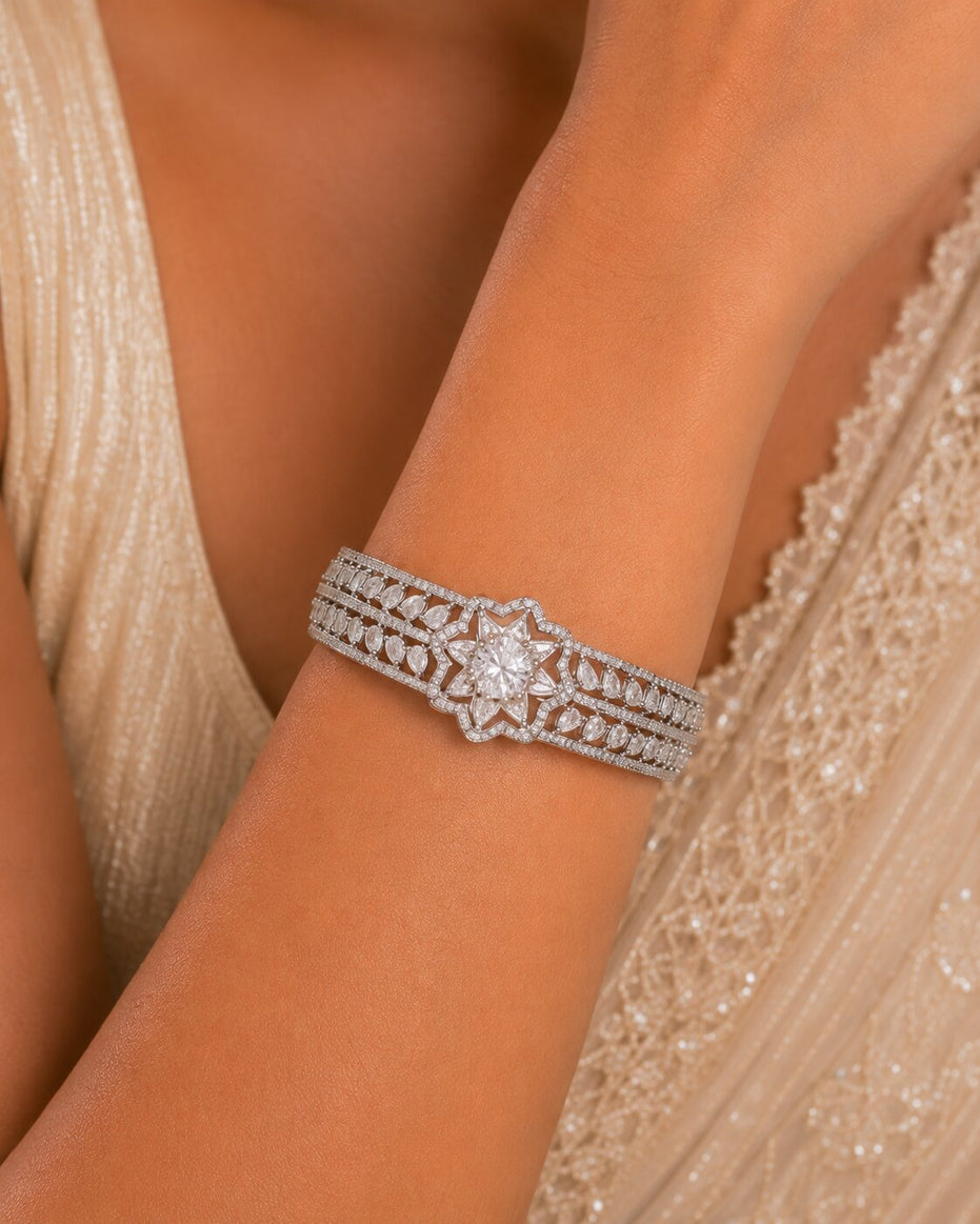 Sparkling Star Floral Cuff Rhodium Plated AD Bracelet