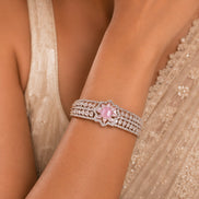 Sparkling Star Floral Cuff Rhodium Plated AD Bracelet