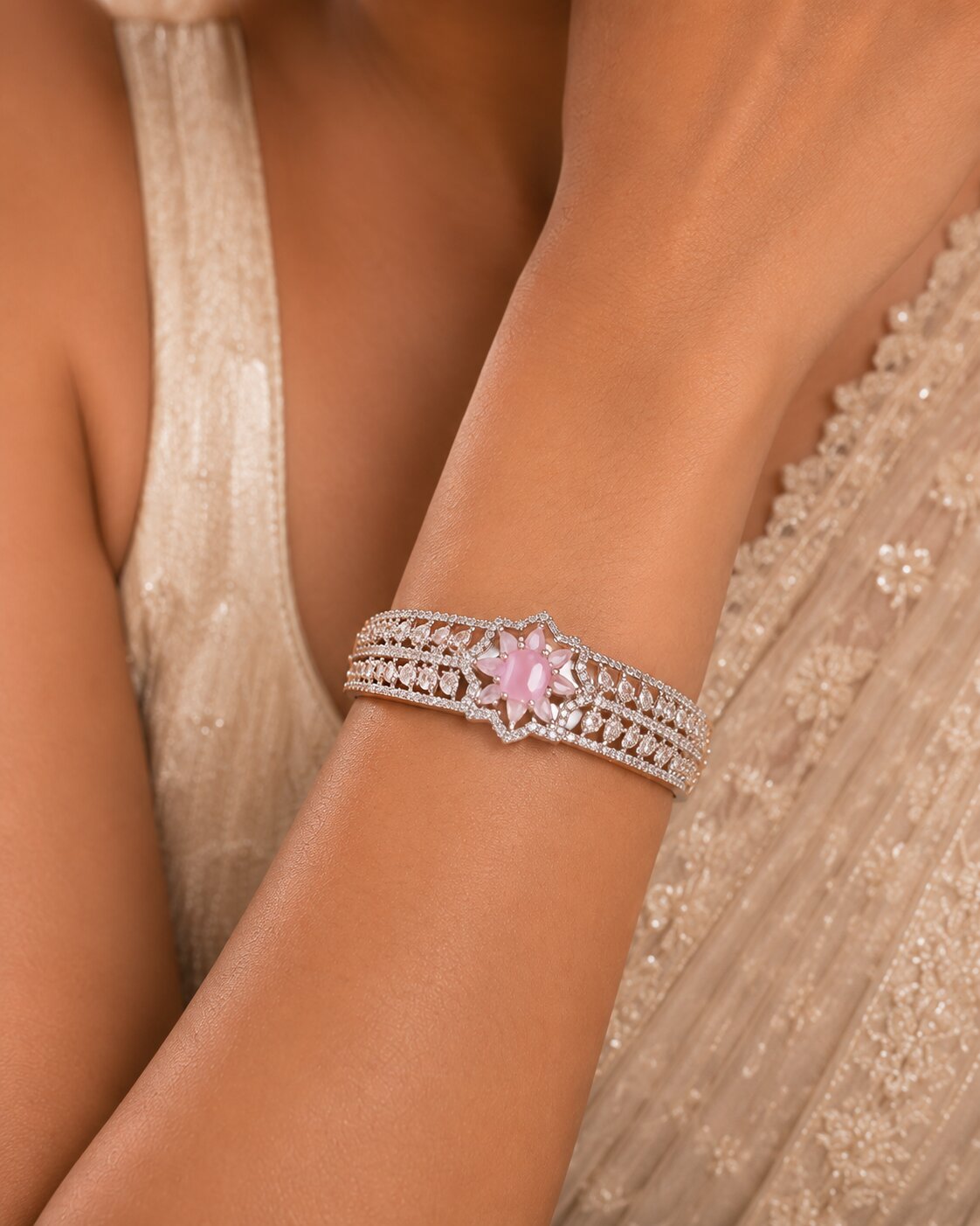 Sparkling Star Floral Cuff Rhodium Plated AD Bracelet