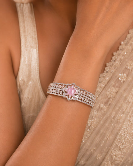 Sparkling Star Floral Cuff Rhodium Plated AD Bracelet