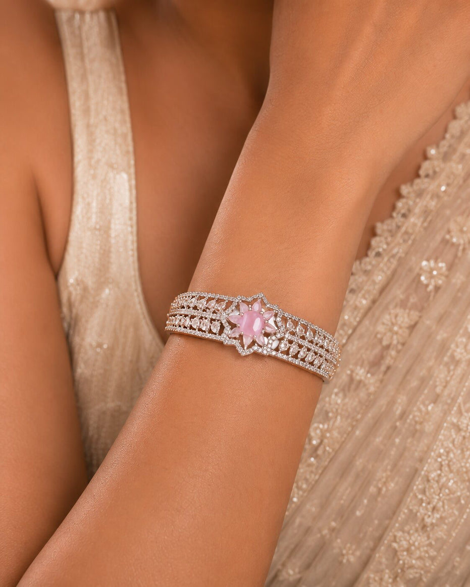 Sparkling Star Floral Cuff Rhodium Plated AD Bracelet