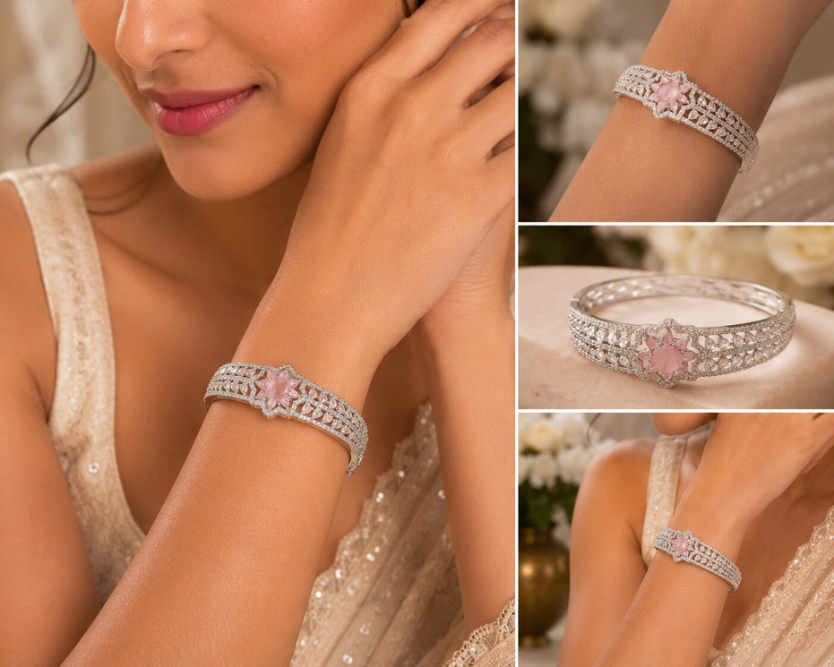 Sparkling Star Floral Cuff Rhodium Plated AD Bracelet