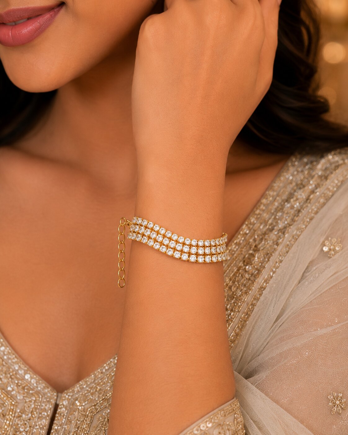 Three Layered Tennis Gold Silver Bracelet