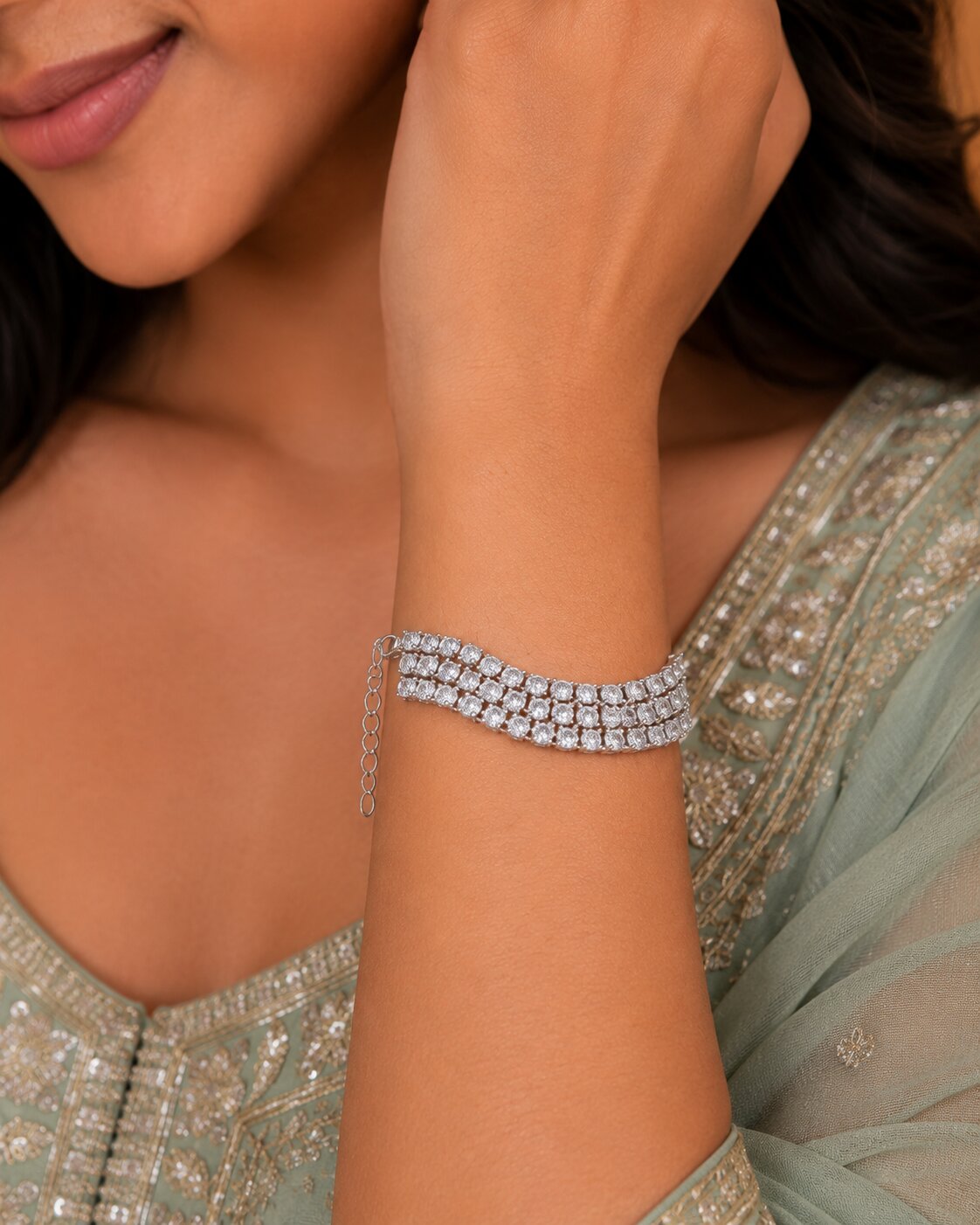 Three Layered Tennis Rhodium Plated Bracelet