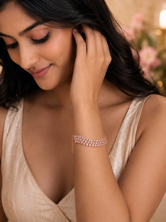 Three Layered Tennis Rose Gold Plated Bracelet