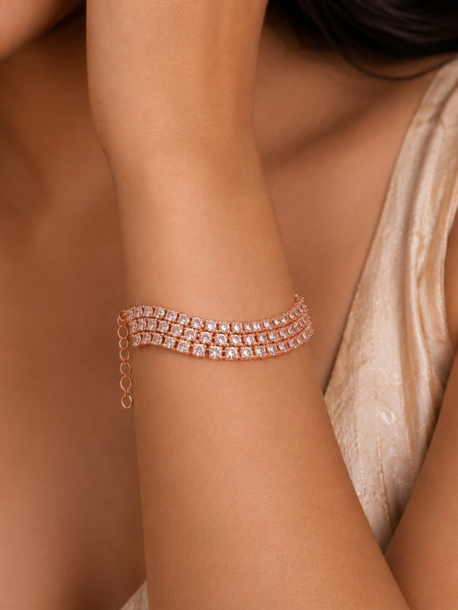 Three Layered Tennis Rose Gold Plated Bracelet
